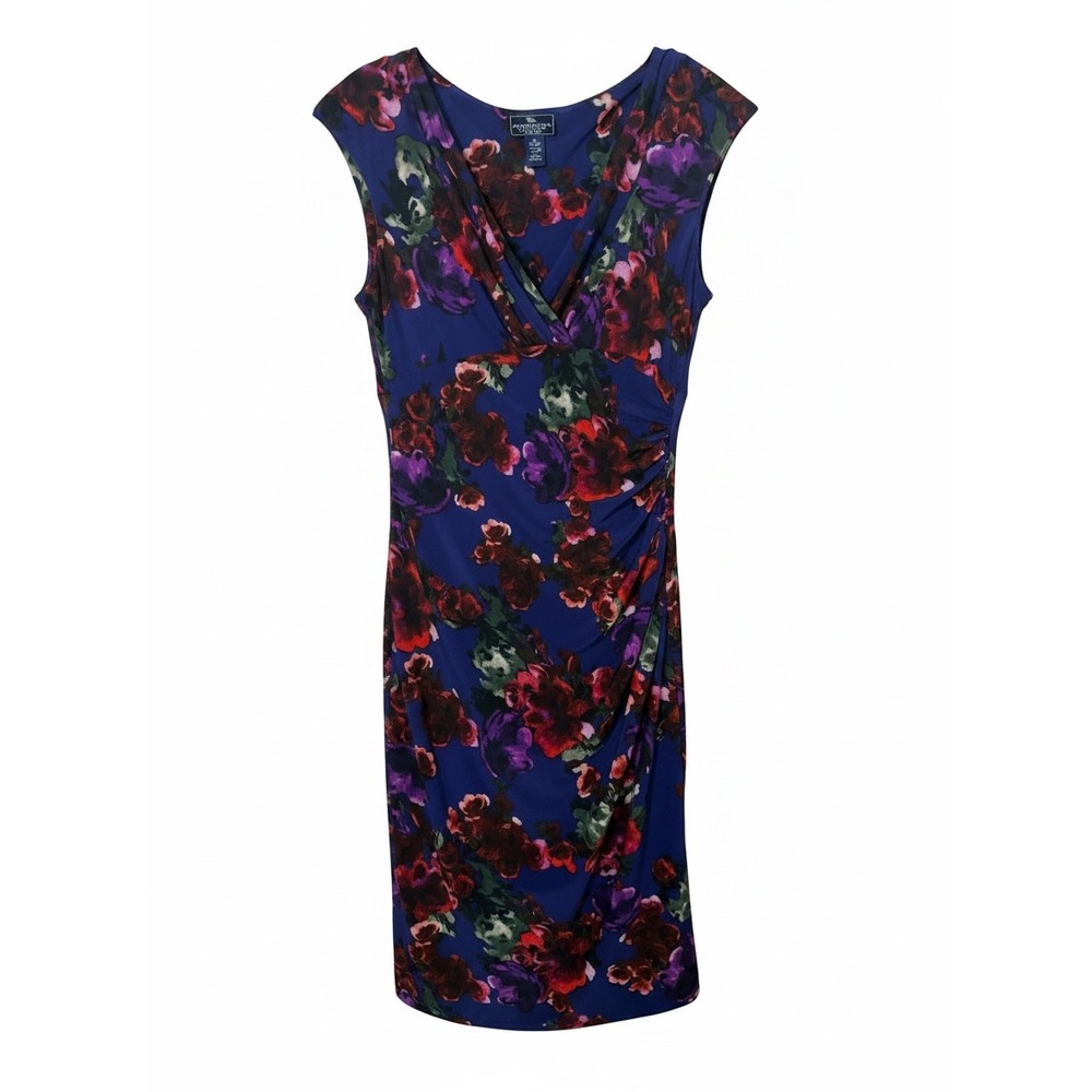American Living Womens Blue Floral Ruched Sheath Dress Surplice V-Neck Size 4